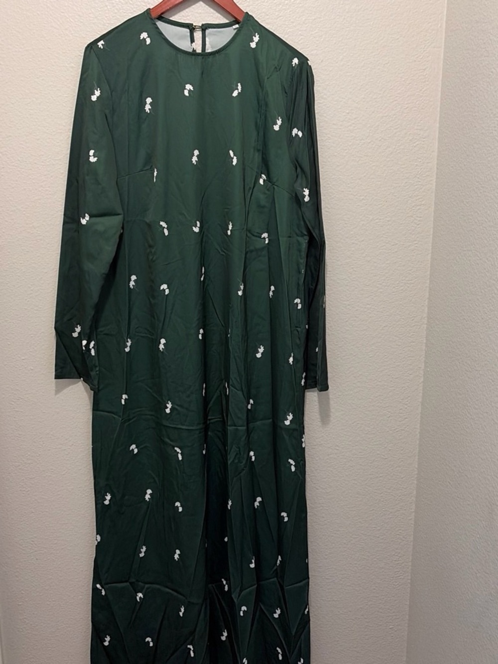 Long Sleeve Forest Green Maxi Dress with Subtle White Dot Print
